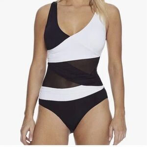 Women's Asymmetrical Padded Balck & White Mesh Insert OnePiece Swimsuit